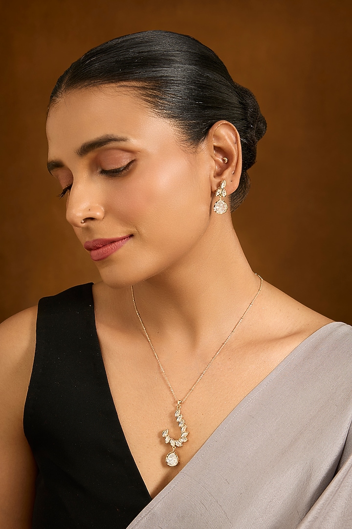 Gold Finish Diamond & Kundan Polki Pendant Necklace Set by Auraa Trends at Pernia's Pop Up Shop