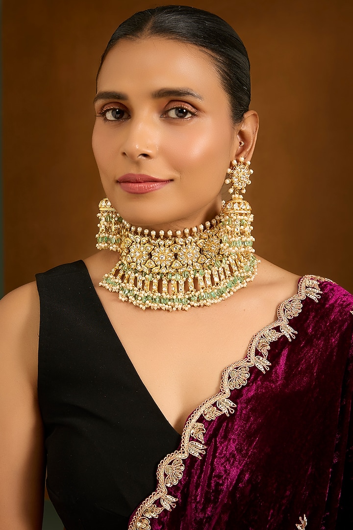 Gold Finish Kundan Polki Choker Necklace Set by Auraa Trends at Pernia's Pop Up Shop