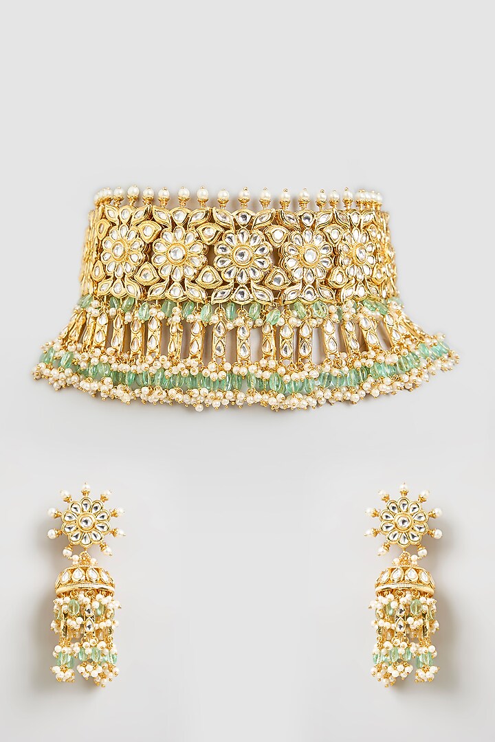 Gold Finish Kundan Polki Choker Necklace Set by Aura Trends at Pernia's Pop Up Shop