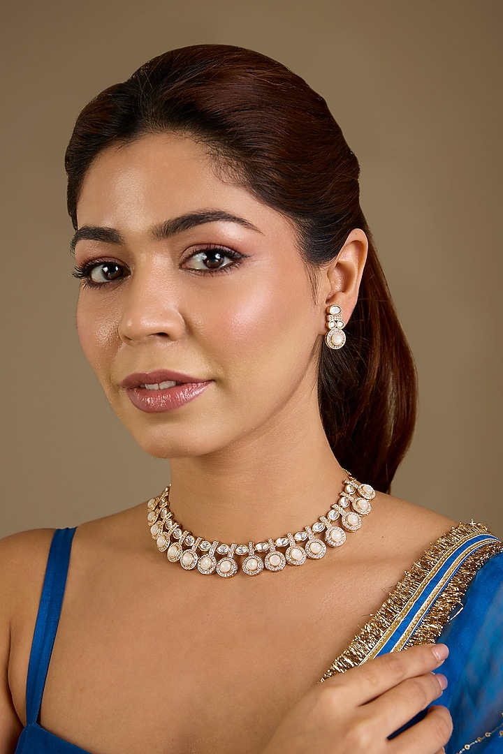 Gold Finish Kundan Polki Choker Necklace Set by Auraa Trends at Pernia's Pop Up Shop
