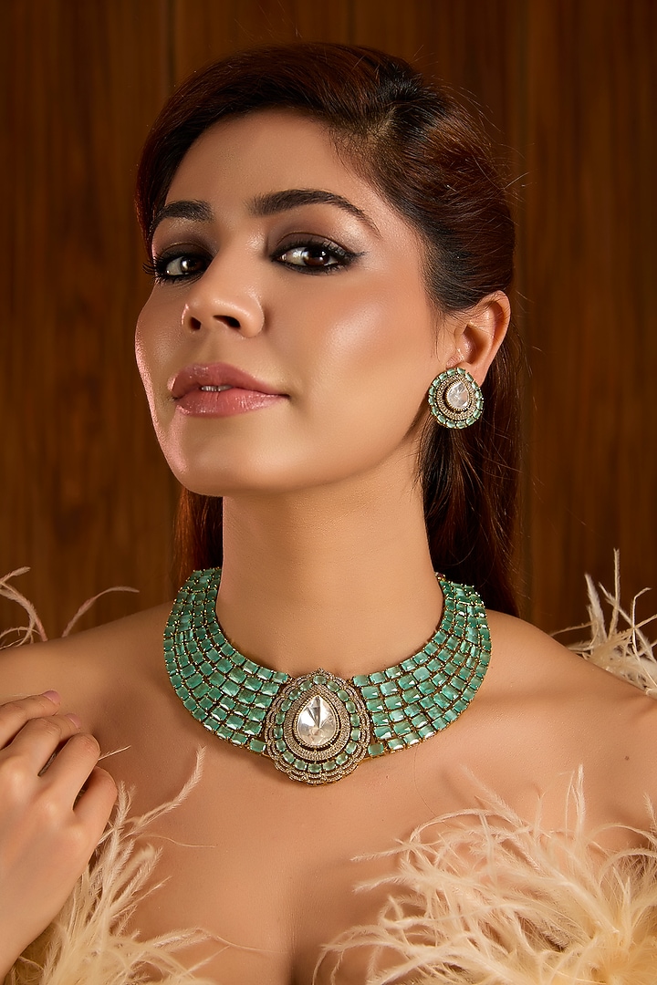 Gold Finish Green Zircon Necklace Set by Auraa Trends at Pernia's Pop Up Shop