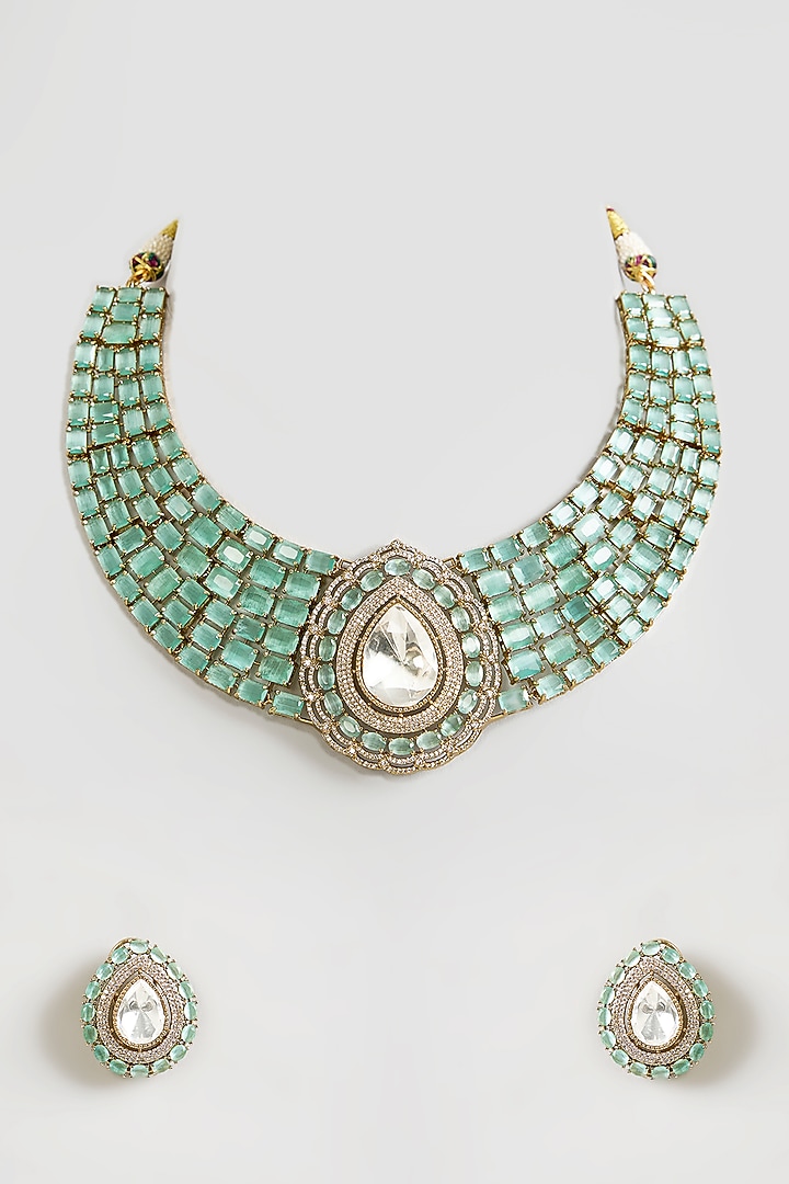 Gold Finish Green Zircon Necklace Set by Aura Trends at Pernia's Pop Up Shop