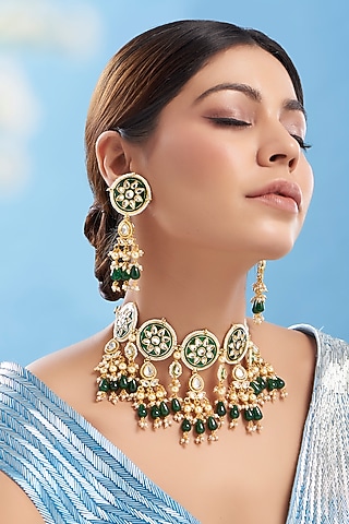 Gold Plated Kundan Polki Choker Necklace Set by Aura Trends