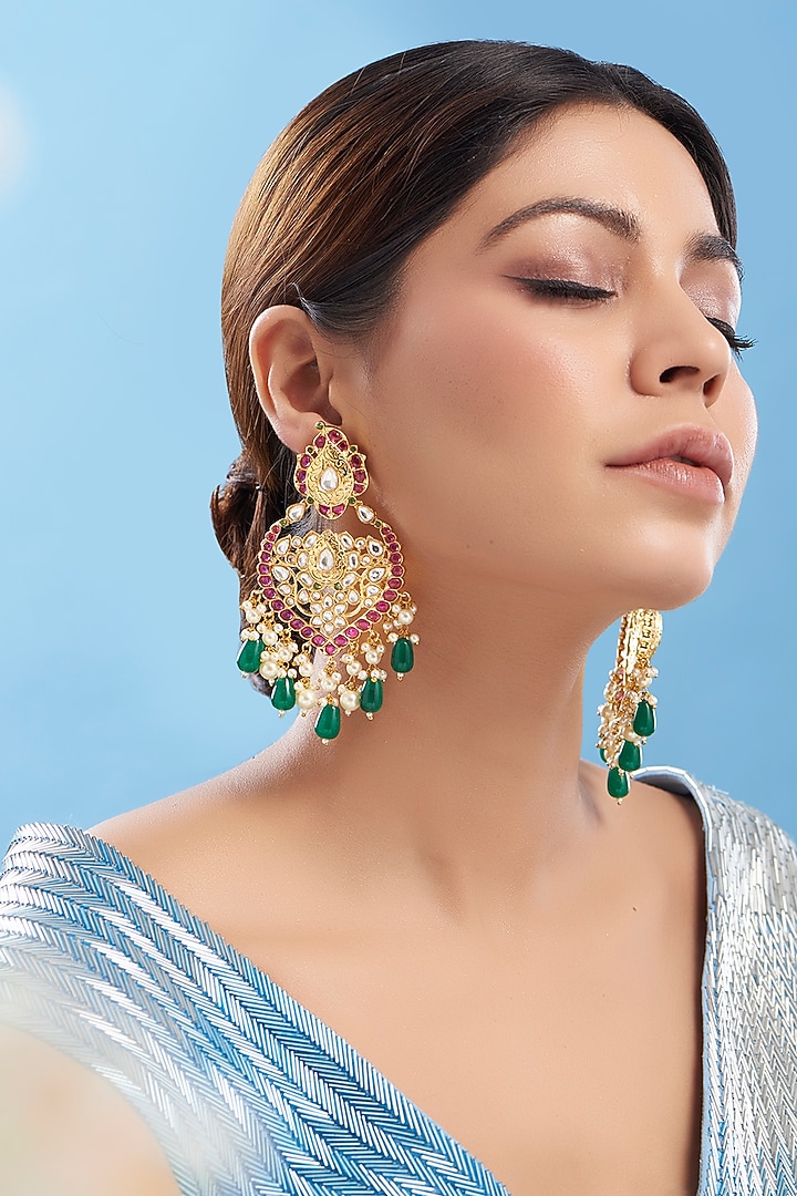 Gold Plated Kundan Polki Chandbali Earrings by Aura Trends at Pernia's Pop Up Shop