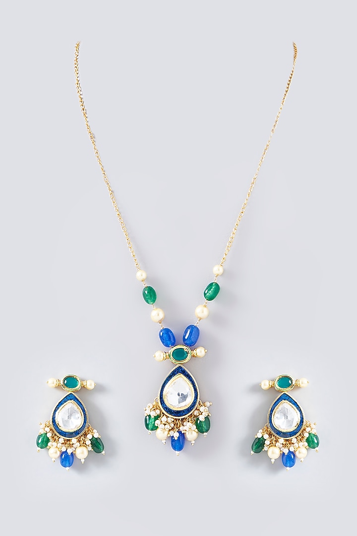 Gold Plated Kundan Polki Long Necklace Set by Aura Trends at Pernia's Pop Up Shop