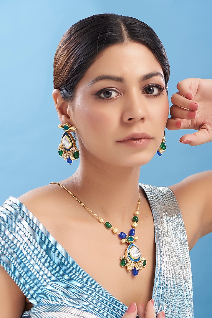 Gold Plated Kundan Polki Long Necklace Set by Aura Trends at Pernia's Pop Up Shop