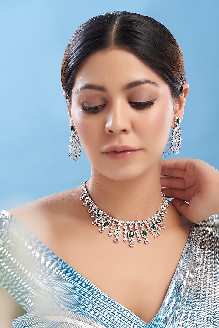 White Rhodium Finish Zircon Necklace Set by Auraa Trends at Pernia's Pop Up Shop