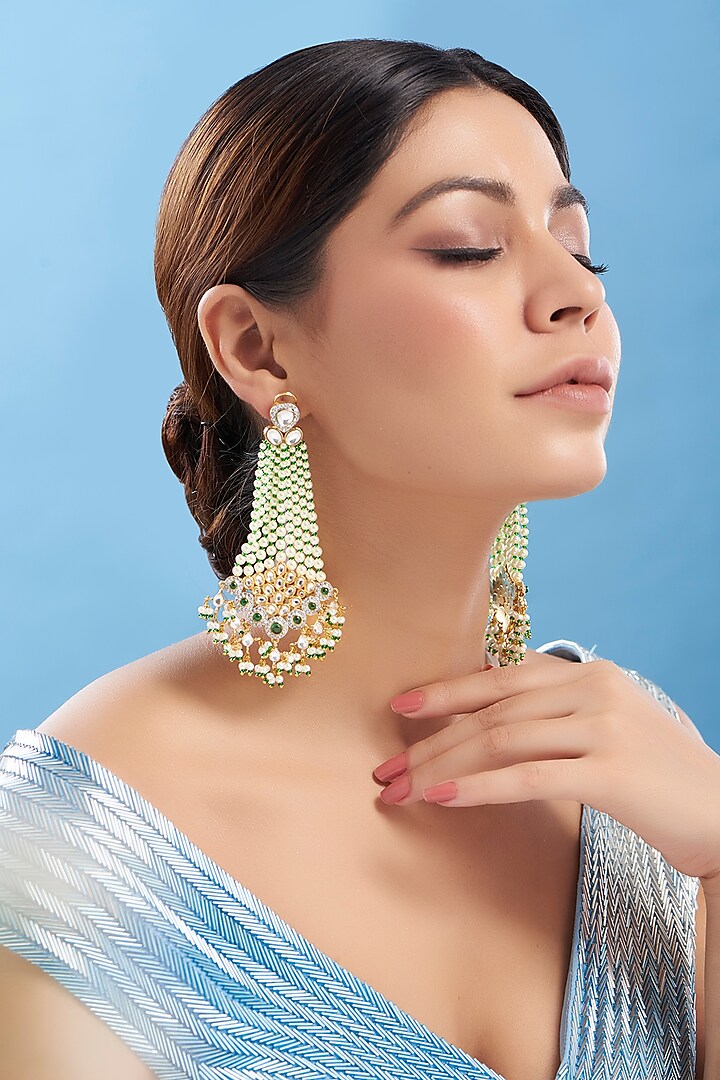 Gold Plated Kundan Polki Chandbali Earrings by Auraa Trends