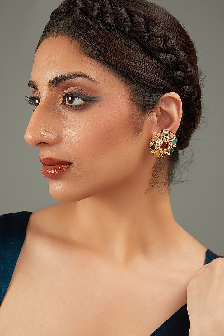 Gold Plated Multi-Colored Kundan Polki Stud Earrings by Aura Trends at Pernia's Pop Up Shop