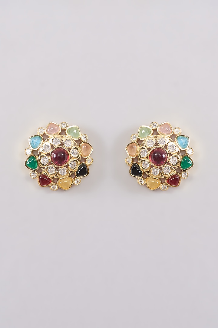 Gold Plated Multi-Colored Kundan Polki Stud Earrings by Aura Trends at Pernia's Pop Up Shop