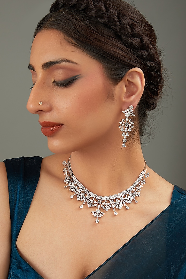 White Rhodium Finish Zircon Necklace Set by Auraa Trends at Pernia's Pop Up Shop