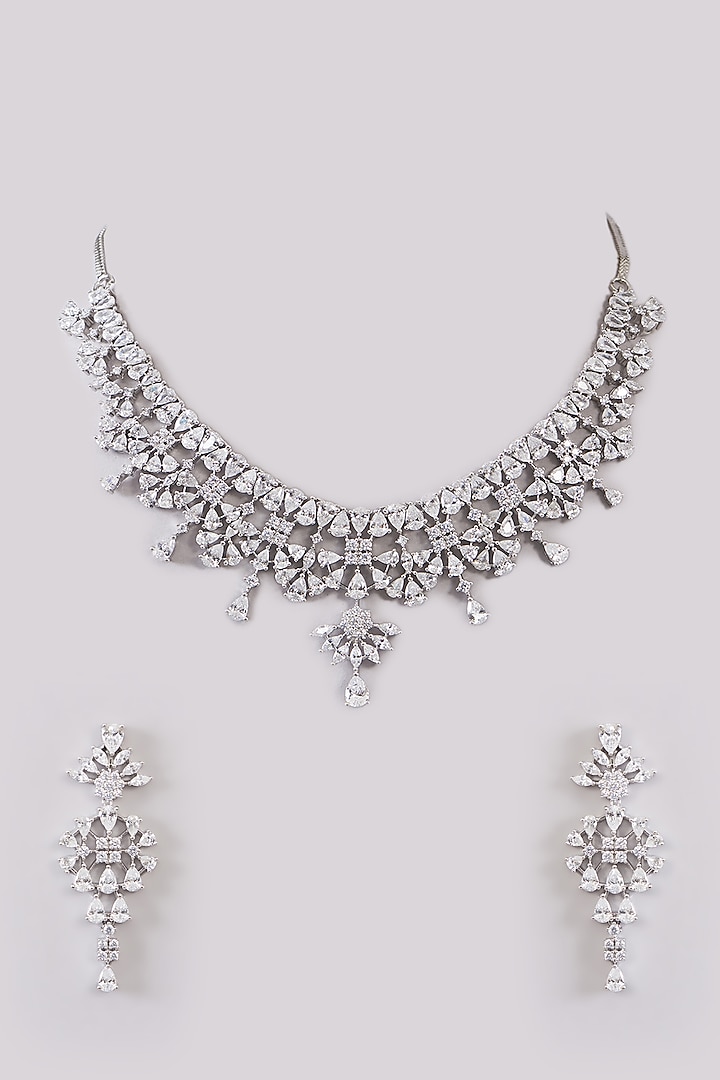 White Rhodium Finish Zircon Necklace Set by Aura Trends at Pernia's Pop Up Shop