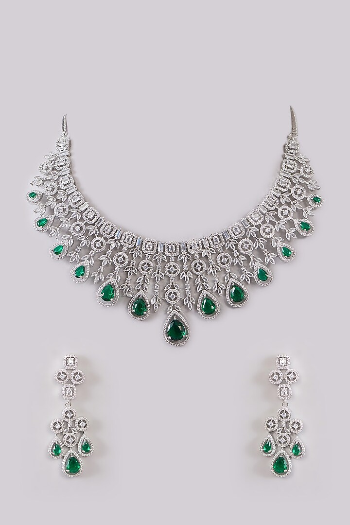 White Rhodium Finish Green Zircon Necklace Set by Aura Trends at Pernia's Pop Up Shop
