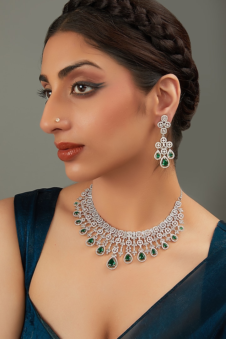 White Rhodium Finish Green Zircon Necklace Set by Aura Trends at Pernia's Pop Up Shop