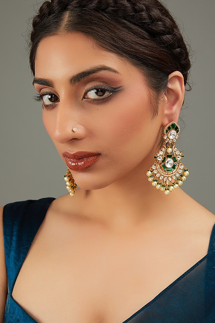Gold Plated Red & Green Kundan Polki Chandbali Earrings by Aura Trends at Pernia's Pop Up Shop