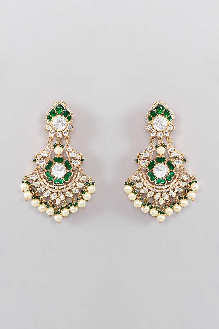 Gold Plated Red & Green Kundan Polki Chandbali Earrings by Aura Trends at Pernia's Pop Up Shop