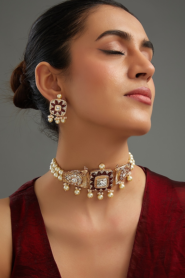 Gold Plated Kundan Polki Choker Necklace Set by Auraa Trends at Pernia's Pop Up Shop