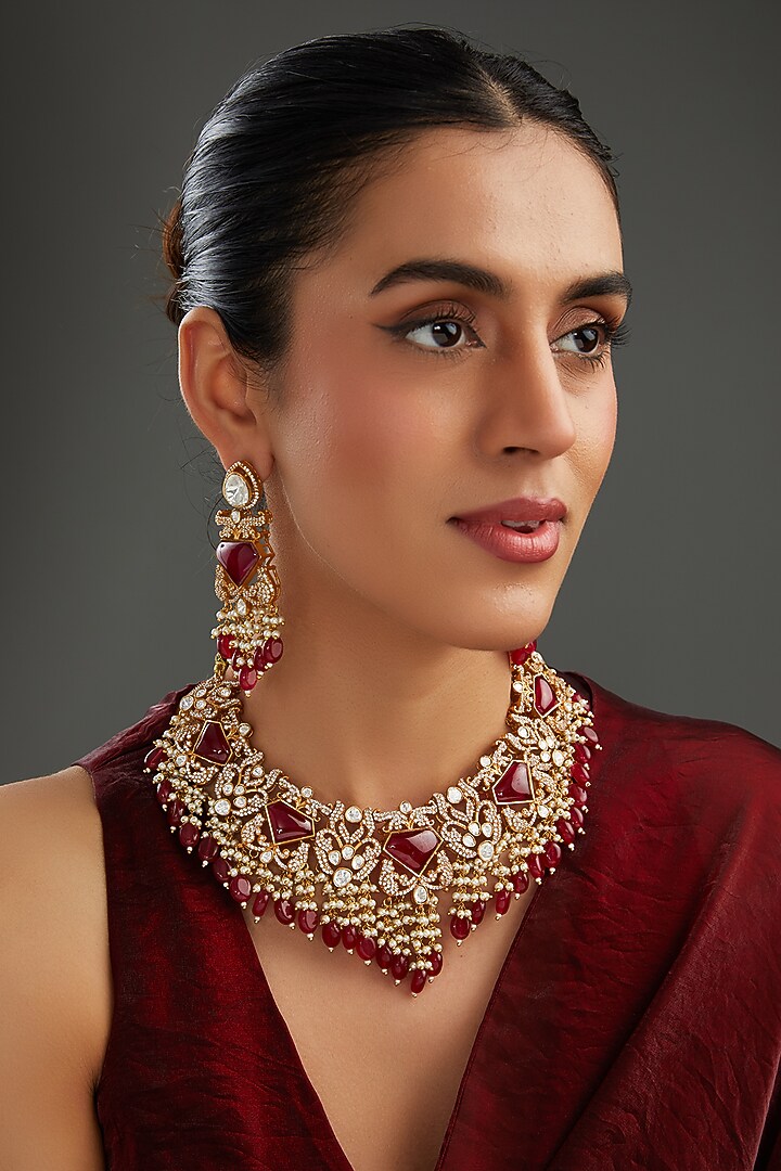 Gold Plated Red Stone & Kundan Polki Necklace Set by Aura Trends at Pernia's Pop Up Shop