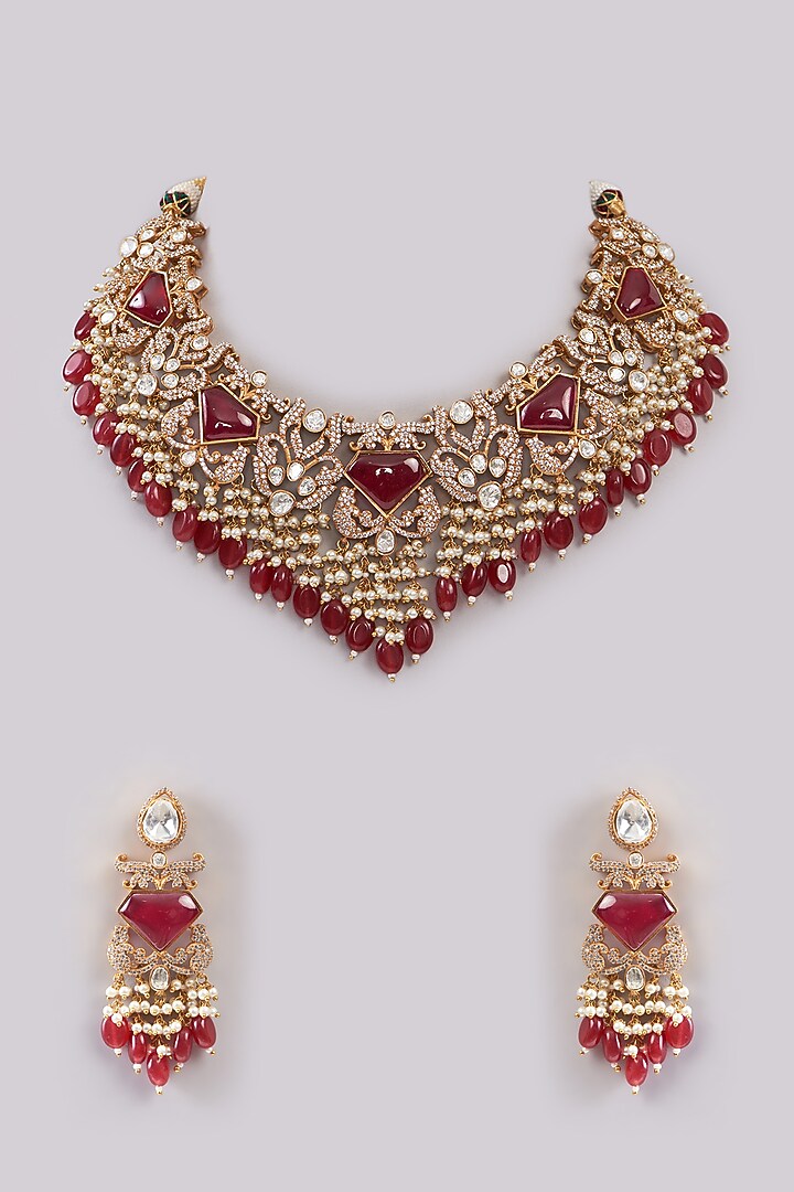 Gold Plated Red Stone & Kundan Polki Necklace Set by Aura Trends at Pernia's Pop Up Shop