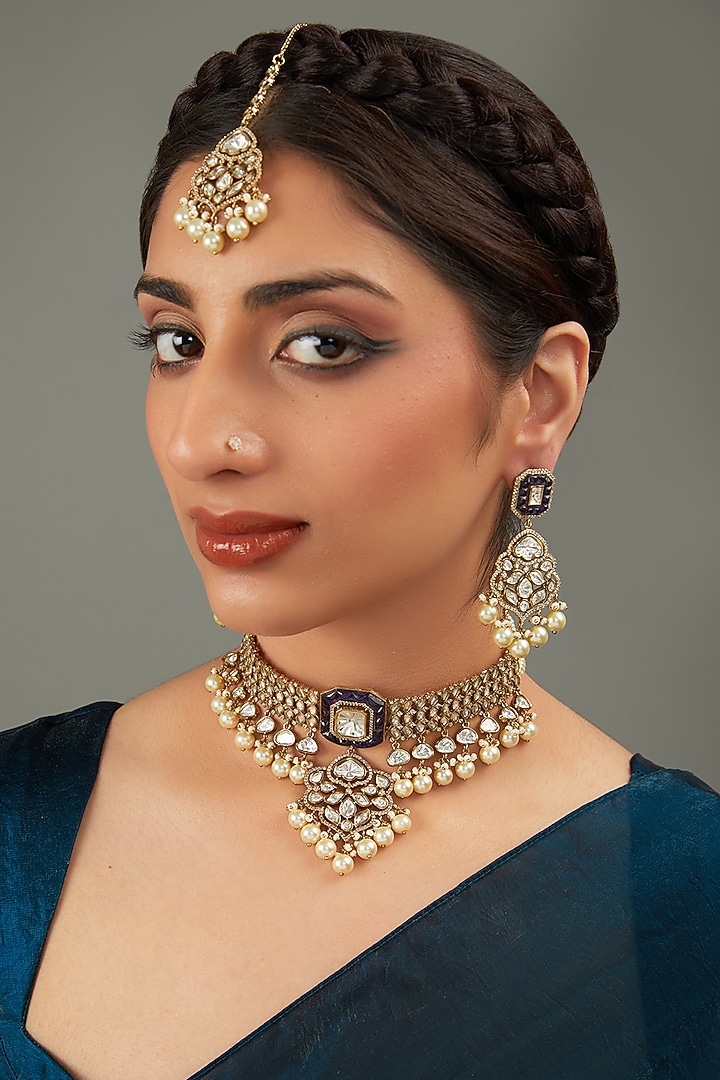 Gold Plated Green Stone & Kundan Polki Necklace Set by Aura Trends at Pernia's Pop Up Shop