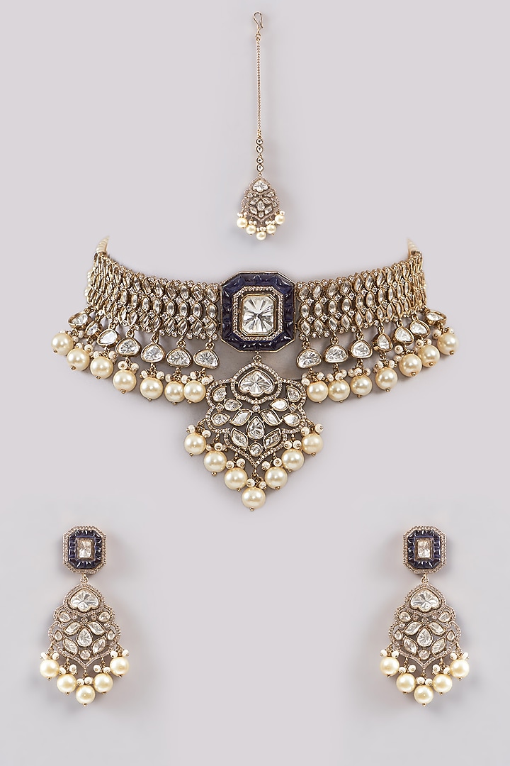 Gold Plated Green Stone & Kundan Polki Necklace Set by Aura Trends at Pernia's Pop Up Shop