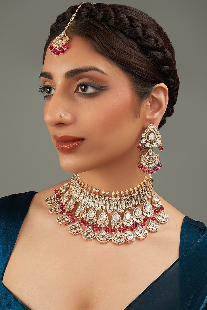 Gold Plated Kundan Polki & Red Beaded Necklace Set by Aura Trends at Pernia's Pop Up Shop
