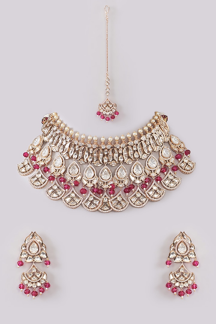 Gold Plated Kundan Polki & Red Beaded Necklace Set by Aura Trends at Pernia's Pop Up Shop