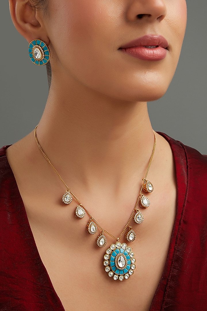 Gold Plated Blue Kundan Polki Handcrafted Necklace Set by Aura Trends at Pernia's Pop Up Shop