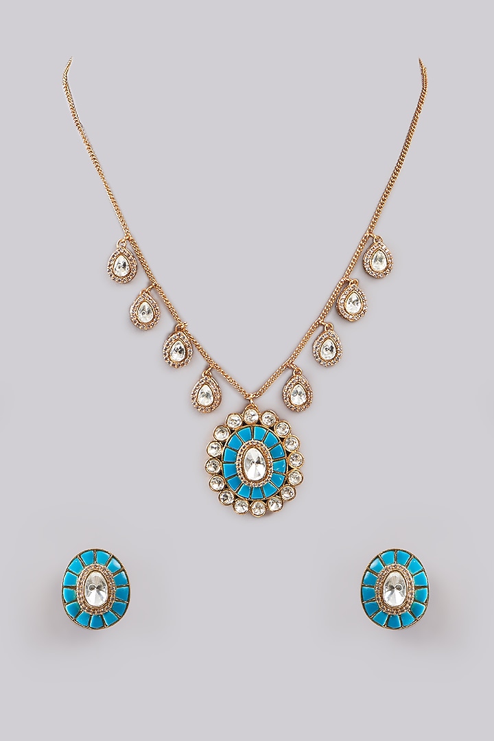 Gold Plated Blue Kundan Polki Handcrafted Necklace Set by Aura Trends at Pernia's Pop Up Shop