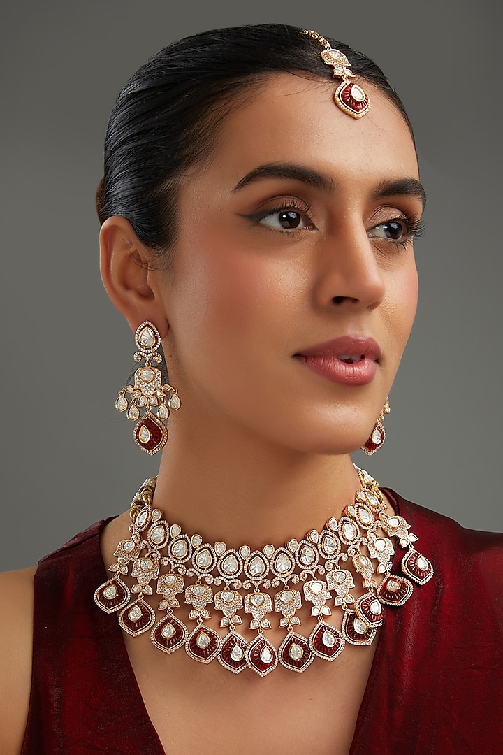 Gold Plated Red Kundan Polki Handcrafted Necklace Set by Auraa Trends at Pernia's Pop Up Shop