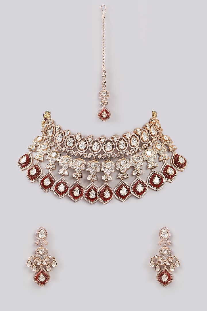 Gold Plated Red Kundan Polki Handcrafted Necklace Set by Aura Trends at Pernia's Pop Up Shop