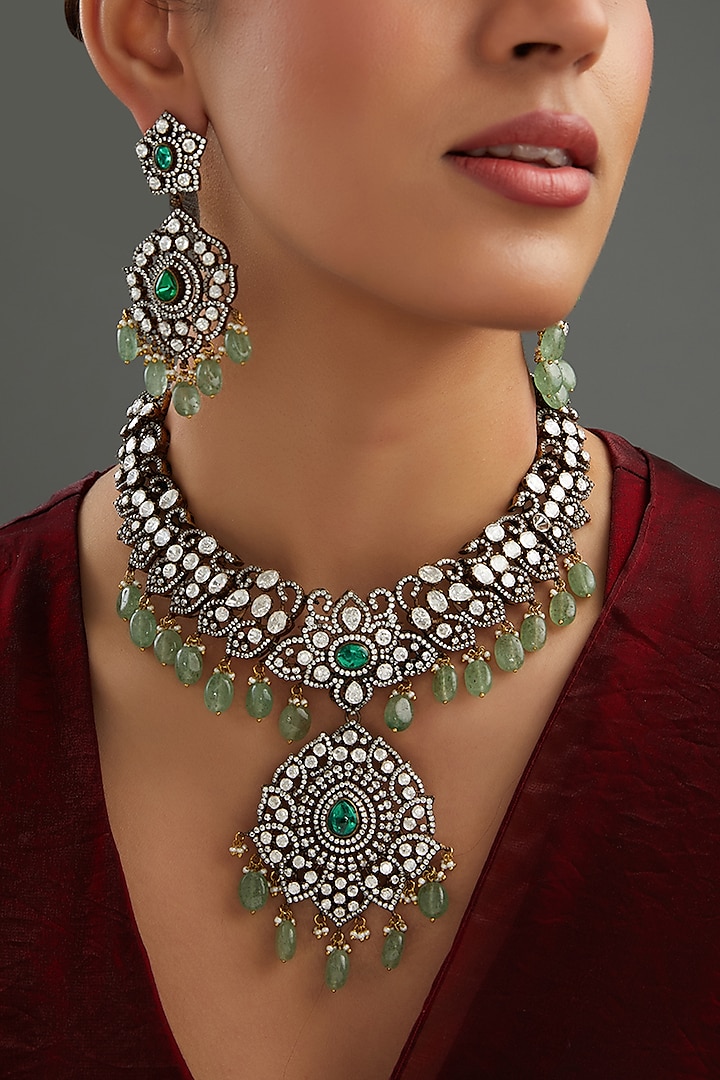 White Rhodium Finish Green Zircon Necklace Set by Auraa Trends at Pernia's Pop Up Shop