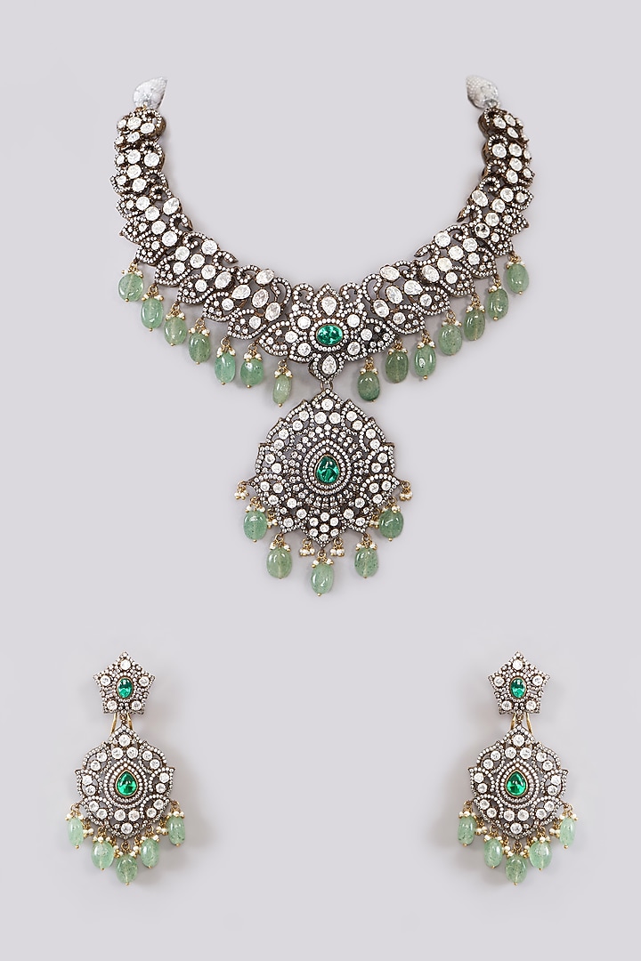 White Rhodium Finish Green Zircon Necklace Set by Aura Trends at Pernia's Pop Up Shop