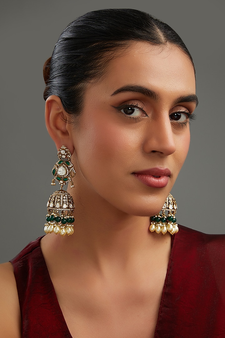 Gold Plated Green Kundan Polki Handcrafted Jhumka Earrings by Auraa Trends