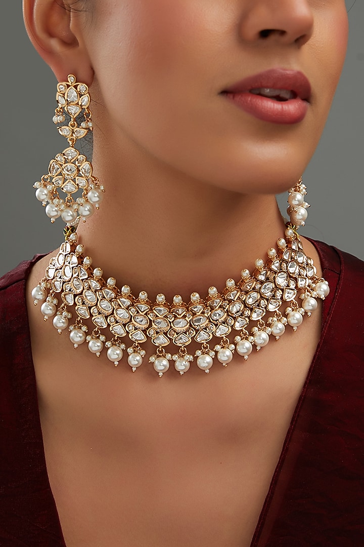 Gold Plated Kundan Polki Choker Necklace Set by Aura Trends at Pernia's Pop Up Shop