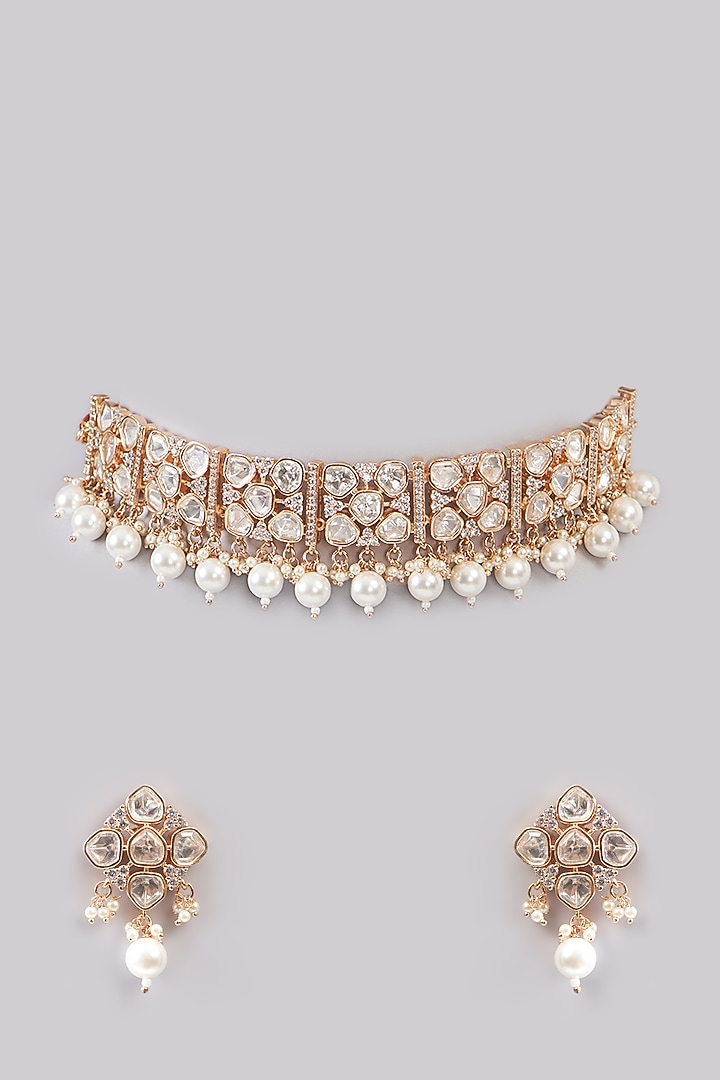 Gold Plated Kundan Polki Choker Necklace Set by Aura Trends at Pernia's Pop Up Shop
