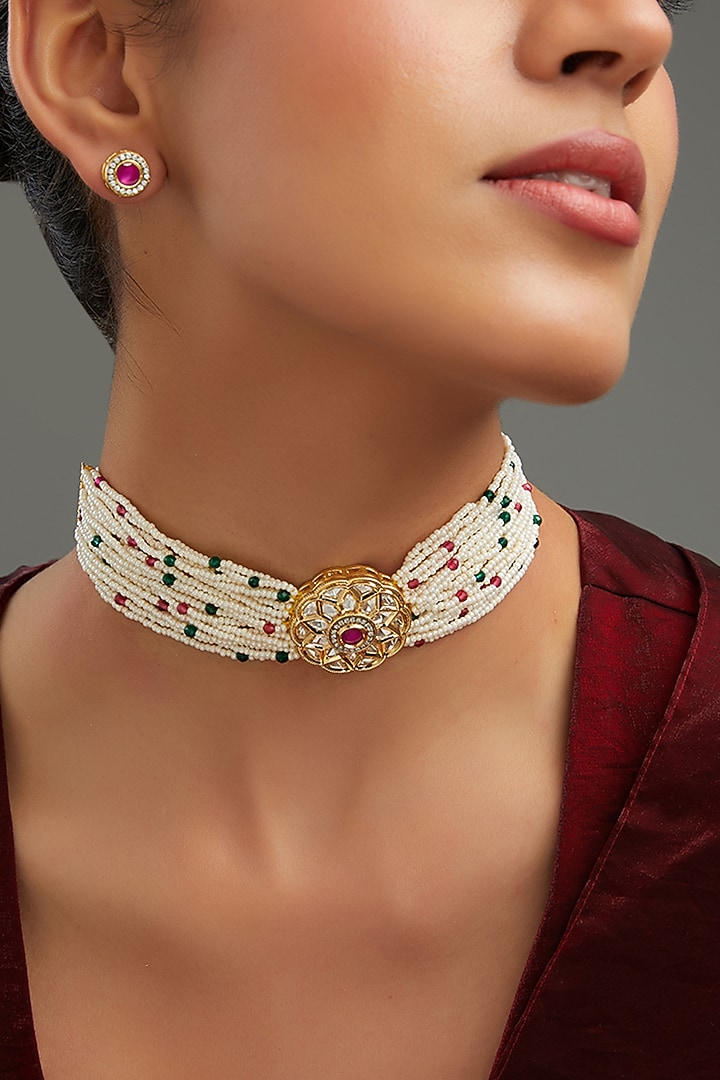 Gold Plated Red Kundan Polki Handcrafted Choker Necklace Set by Aura Trends at Pernia's Pop Up Shop