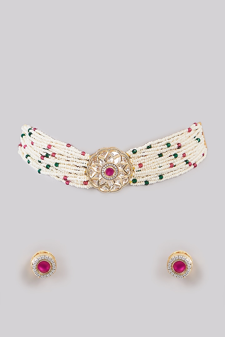 Gold Plated Red Kundan Polki Handcrafted Choker Necklace Set by Aura Trends at Pernia's Pop Up Shop
