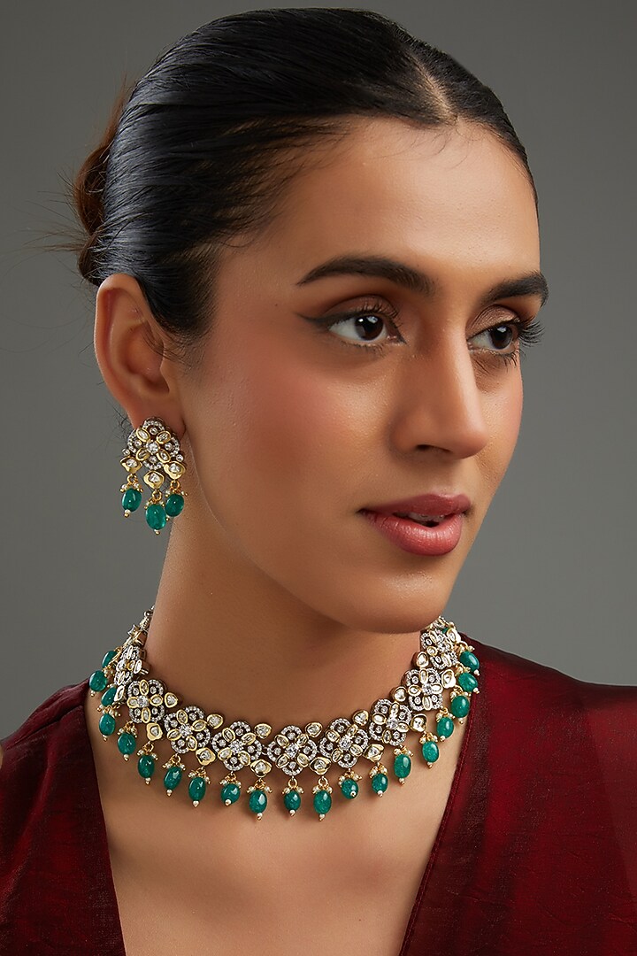 White Rhodium Finish Green Zircon Necklace Set by Aura Trends at Pernia's Pop Up Shop