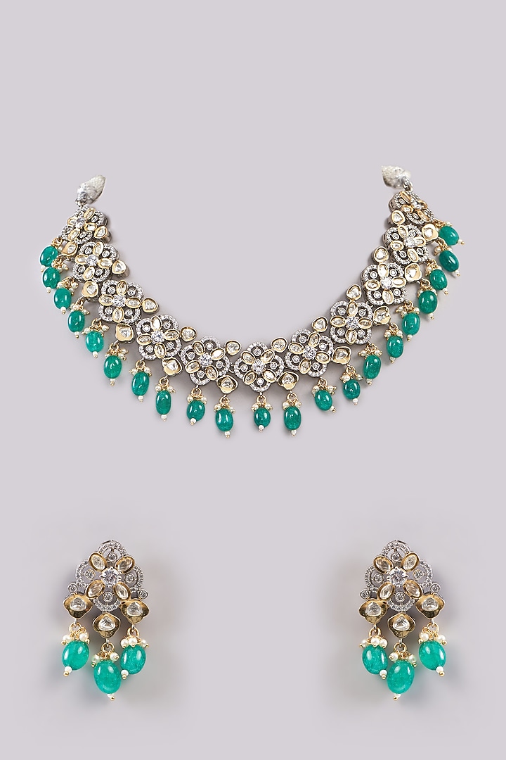 White Rhodium Finish Green Zircon Necklace Set by Aura Trends at Pernia's Pop Up Shop