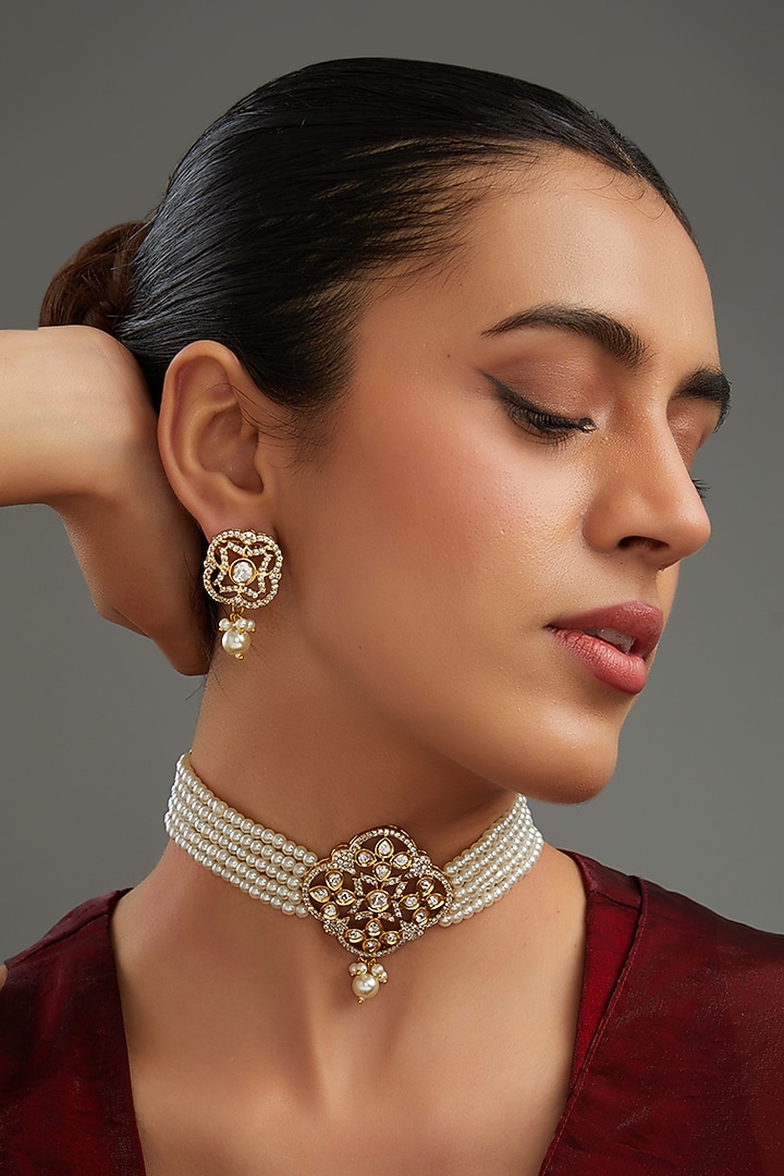 Gold Plated Kundan Polki Handcrafted Choker Necklace Set by Aura Trends at Pernia's Pop Up Shop