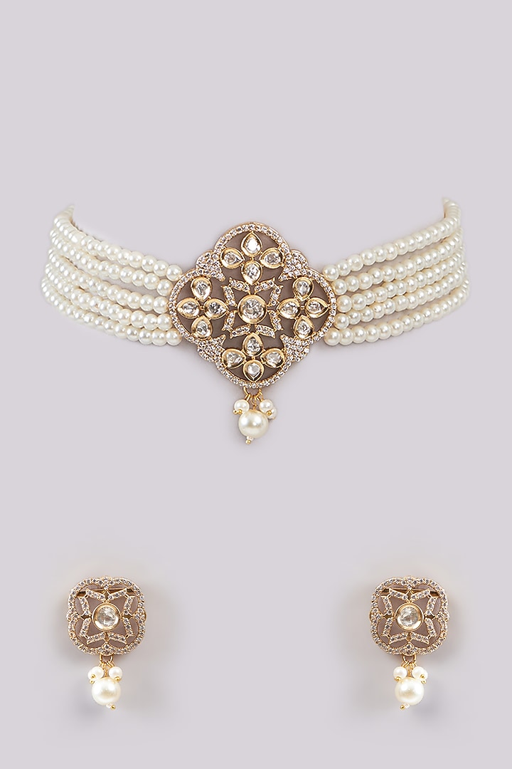 Gold Plated Kundan Polki Handcrafted Choker Necklace Set by Aura Trends at Pernia's Pop Up Shop