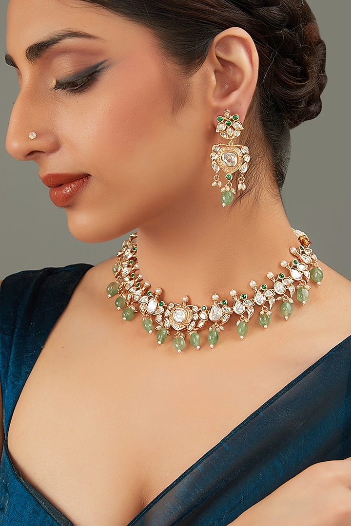 Gold Plated Green Kundan Polki Handcrafted Necklace Set by Aura Trends at Pernia's Pop Up Shop