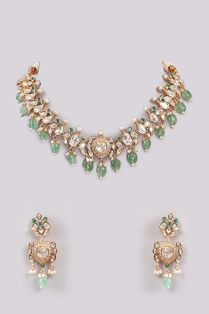 Gold Plated Green Kundan Polki Handcrafted Necklace Set by Aura Trends at Pernia's Pop Up Shop