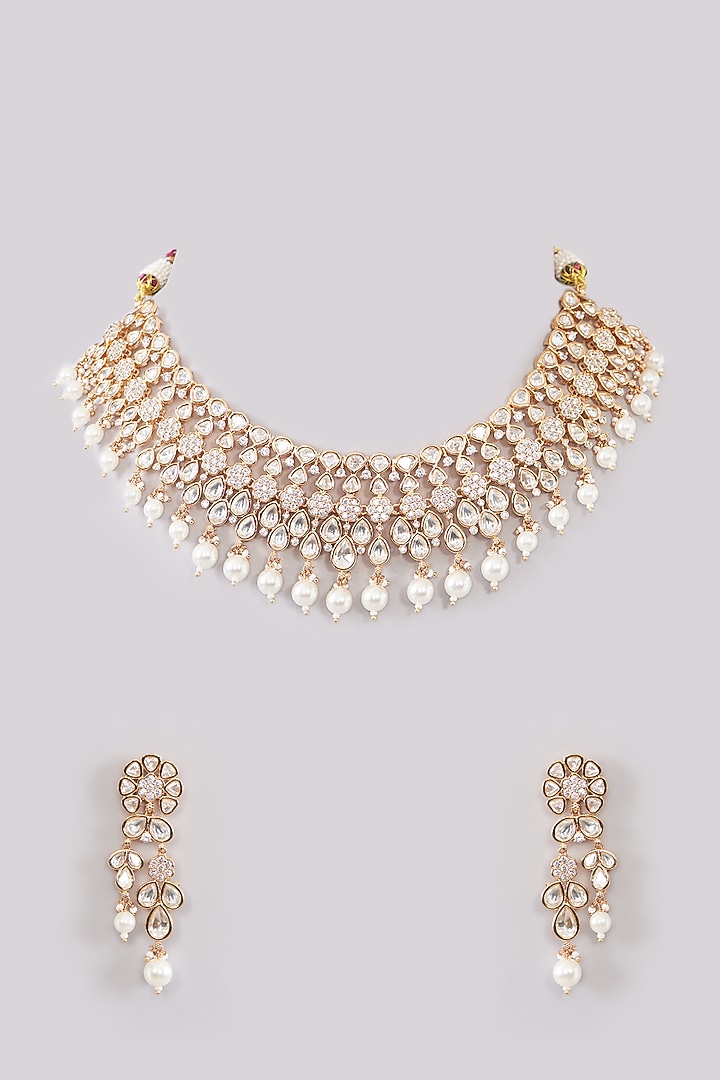 Gold Plated Pink Kundan Polki Handcrafted Necklace Set by Aura Trends at Pernia's Pop Up Shop