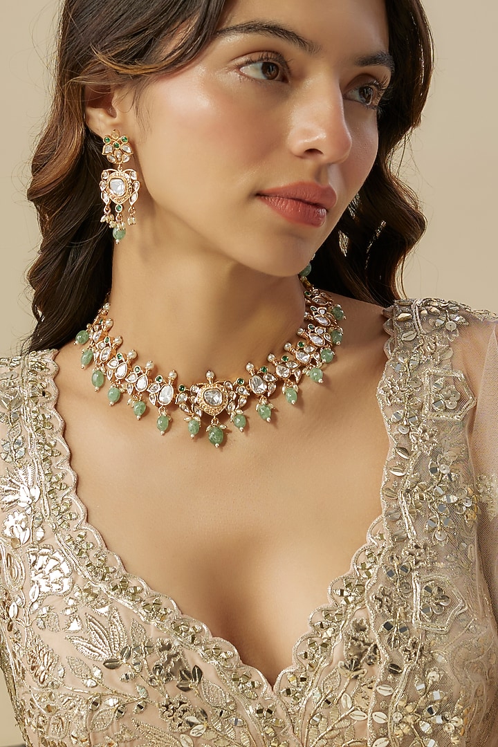 Gold Finish Emerald Stone & Pearl Necklace Set by Aura Trends at Pernia's Pop Up Shop