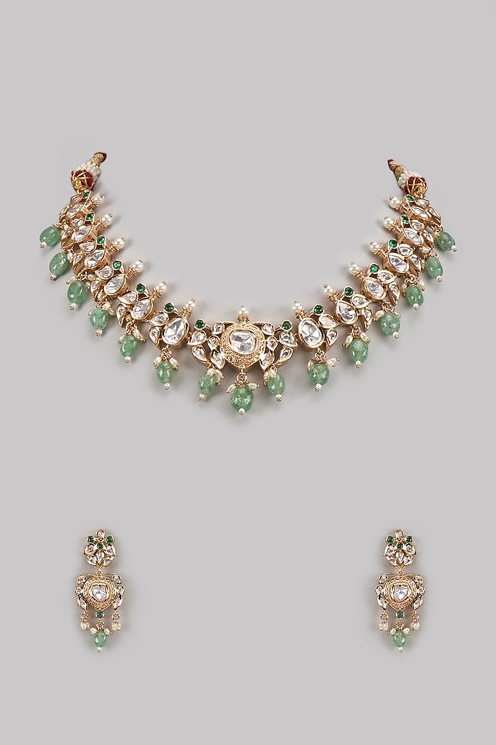 Gold Finish Emerald Stone & Pearl Necklace Set by Aura Trends at Pernia's Pop Up Shop