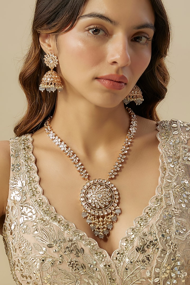Gold Finish Pearl Long Necklace Set by Aura Trends at Pernia's Pop Up Shop