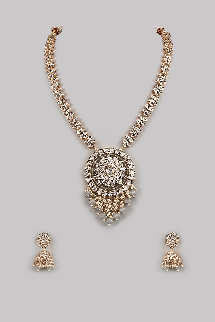 Gold Finish Pearl Long Necklace Set by Aura Trends at Pernia's Pop Up Shop