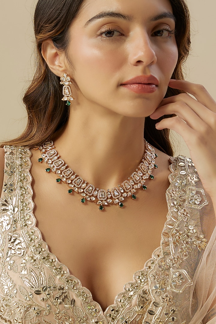 Gold Finish Emerald Drop & Pearl Necklace Set by Aura Trends at Pernia's Pop Up Shop